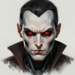 portrait, augmented with technology cybernetic villain, red cybernetic eye, stern expression, elegant, highly detailed, digital painting, artstation, concept art, smooth, sharp focus, illustration, artgerm, tomasz alen kopera, peter mohrbacher, donato giancola, joseph christian leyendecker, wlop, frank frazetta