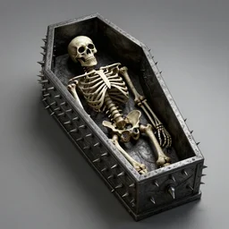 an iron maiden: a coffin lined with spikes, with the skeleton inside, horror art, dark, very detailed render, sharp, 8k, cgsociety