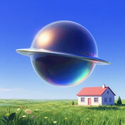 an orb flying over a house in a meadow with blue sky. slick, futuristic design. deep colorful soft gradients, and translucence. pre - 2 0 0 0 s era. vintage computer art, early computer graphics. art by stanislaw fernandes
