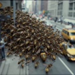gargantuan hive infestation of wasp like creatures in new york city, 1 9 9 2 vhs footage, blurry, grainy, detailed, complex