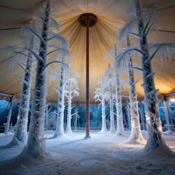 inside a huge circus tent that has a forest with trees made out of ice inside it, cold ambient light, artwork by gerald brom, 4 k, masterpiece,