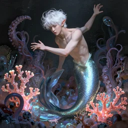 harmony of neon glowing coral, tentacles, dynamic pose ( white hair merman yoongi elf ears, no nose portrait ) by wlop, james jean, victo ngai, muted colors, highly detailed, fantasy art by craig mullins, thomas kinkade,