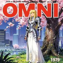 1979 OMNI Magazine Cover of a female Druidic elf with armor by a cherry tree in a Neo-Tokyo garden in cyberpunk style by Vincent Di Fate