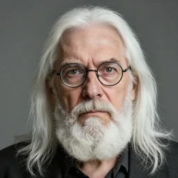 man in his 5 0 s with long white hair, a white chin beard with no mustache and small thin - frame round glasses looks really mad