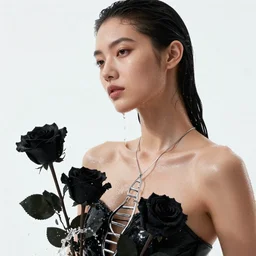 fierce glossy wet fashion model, water splashing, effervescent, sweat skin, thin necklace, liquid metal dna, black roses, poster art, ultradetail, hyperrealistic illustration, watercolor, deep mood, hyperrealism, 3 d, in the style of irakli nadar,