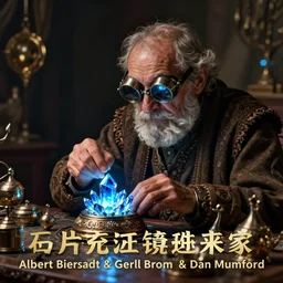 The arcane watchmaker by Albert Bierstadt and Gerald Brom and Dan Mumford, Metallic objects, one old man, goggles, low light, glowing blue crystals