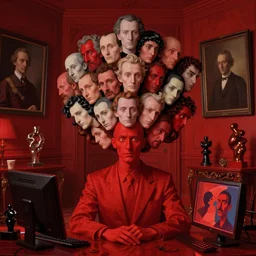 only with red, a red man with a lot of heads with different personalities, luxury room with monitor, in the style of beksinski, parts by edward hopper, parts by rodcenko, parts by yue minjun, intricate composition by bosch, red by caravaggio, insanely quality, highly detailed, masterpiece, red light, artstation, 4 k