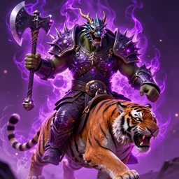enraged orc king in spiky armor with a purple fiery aura aura aura aura aura aura aura aura aura aura, wearing a dragon mask, holding a poisonous axe, riding riding riding riding riding riding riding riding riding riding a tiger tiger tiger tiger, trending on artstation, sharp focus, highly detailed, digital fantasy art