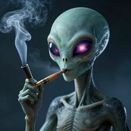 Alien smoking a blunt with the reflection of the universe in its eyes, hyperrealistic photograph, 4k