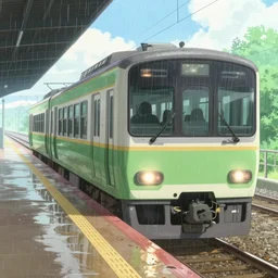a train, at the train platform the movie the garden of words by makoto shinkai, a little bright, light rain, moist, 8 k, unreal engine