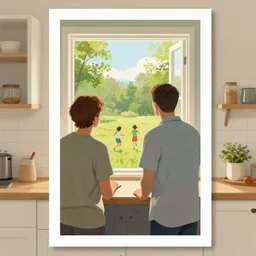 a father is looking out the kitchen window and watching his kids playing outside., poster, first - person, exposure, refreshing, posterization, by armstrong, rolf