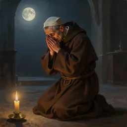 oil painting portrait of a weeping sobbing tonsured dominican monk in a brown habit, kneeling in a dark empty chapel at night, hazy, digital art, artstation, cinematic, moonlight, digital art painting by greg rutkowski, hazy atmosphere, candlelight, cinematic lighting