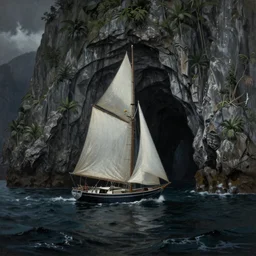 photorealistic painting of a 1 9 2 5 seiner sailing near a tropical cliff with the mouth of a sea cave at the waterline, dark, brooding, atmospheric, lovecraft, horror, smooth, epic, highly detailed, cinematic, by lee gibbons