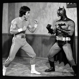 Bruce Lee as Kato in Green Hornet, fighting Robbin and Batman , vintage black and white tv screen