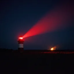 red beam of light from lighthouse rotating over the field, night, unsettling, fire on the horizon, photo 1998