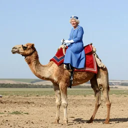 queen elizabeth 2 nd riding a mechanical camel, 4 k, hyperdetailed photorealism