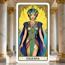 giesha demon, innovative avant - garde art, deco fashion, asian women, photorealistic portrait, crisp quality and light reflections, inside a room with marble columns, transcendent, vibrant color, clean linework, finely detailed, tarot card with ornate border frame, 4 k, trending on artstation, volumetric lighting, octane render