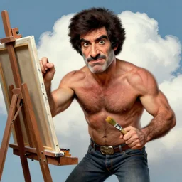 zdzisław beksinski digital art of bob ross standing next to an easel, intense expression, huge muscles, detailed facial features, upper body, lower body, happy clouds behind, action pose, holding a paintbrush in his hand, ultra - detailed, intricate, detailed shadows and textures, 8 k