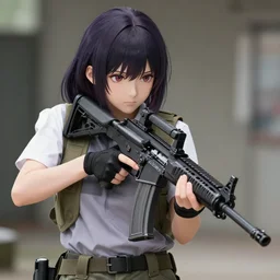 anime girl with realistic assault rifle photo by wlop