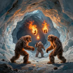 Yetis throwing flaming pinecones on an underground glacier, realistic painting
