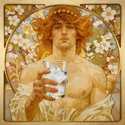 ice - t with glass of water portrait picture by alfons mucha, golden hour, realistic, body shot, sharp focus, 8 k high definition, insanely detailed, intricate, elegant, cherry blossoms