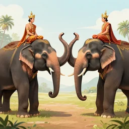 the elephant battle, elephant duel scene, king naresuan of ayutthaya versus crown prince mingyi swa of burma in burmese - siamese war ( 1 5 4 7 - 1 5 4 9 ), a colorized photo, colorized, # film, movie still