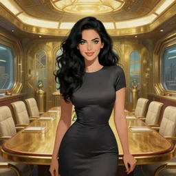 beautiful woman with voluninous black hair and green eyes, smirking. she is wearing a tight dress. she is in a conference room of the atlantis paradise, a retro futuristic spaceship made of brass, art deco influence, hotel style design. clean, well composed painting by artgerm and greg rutkowski.