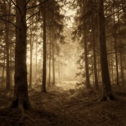 4 5, forest landscape, by simon stahleberg, illustration, sepia, volumetric light, global illumination, lumen global illumination