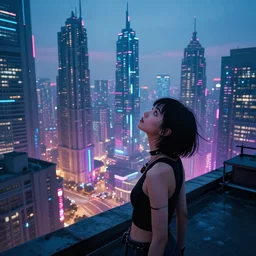 cyberpunk girl on a roof, looking up at cityscape of vertical cyberpunk city with high towers, shanghai, by Alena Aenami and blade runner and akira, trending on Artstation,
