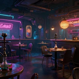 concept art of cyberpunk 2 0 7 7 hookah bar environment, few chairs, neon, highly detailed, 8 k, hdr, studio, matte painting, environment, digital illustration, artstation, by charlotte hughes