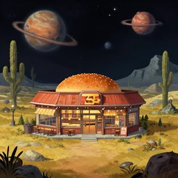 in front of a burger restaurant, in a remote outpost, on an alien planet, from a space themed point and click 2 d graphic adventure game, set design inspired slightly by hg giger and tomb raider, art inspired by thomas kinkade and bob ross