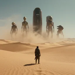 aliens arriving dune, film still from the movie directed by Denis Villeneuve with art direction, wide angle, 4K