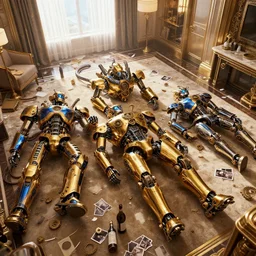 three shiny golden and blue metallic steampunk cyborg robots with gears and tubes laying in a messed up luxury futuristic hotel room, empty bottles all over the floor, pressphoto, dawn light, insanely detailed, wide shot
