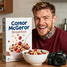 conor mcgregor breakfast cereal box and bowl, product advertisement, photograph, close-up, professional photograph, well-lit, 8k DSLR,