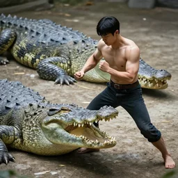 korean handsome and strong man on bare chest fights the giant crocodile