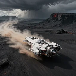 a slim space ship racing through a black!!! vulcanic desert, storm clouds and deep cliffs in the background, top view, dust cloud trailing, action shot, soft natural lighting, natural colors, sci - fi vehicle, bright turbines, motion blur, by sid mead and simon stalenhag and james gurney, intricate detail, octane render, unreal engine