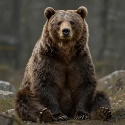 Portrait of a rugged bear sitting down, male, muscular, straight nose!!!, detailed face, handsome face, bare thighs!!!, simple clothing!!!!!, fantasy, medieval, highly detailed, cinematic lighting, digital art painting by greg rutkowski