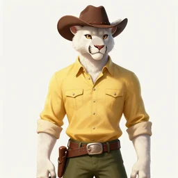 beautiful portrait commission of a male Furry Anthro mountain lion Fursona with white fur wearing a yellow button-down shirt, olive green slacks in a old-timey western town. Atmospheric. Renowned character illustration by greg rutkowski, thomas kindkade, alphonse mucha, loish, norman rockwell. detailed, inked, western comic book art