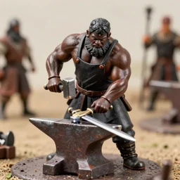 a muscular dwarf blacksmith, wearing blacksmith clothing, shirtless with apron, swinging hammer down forging a sword on an iron anvil, cinematic, medieval, renaissance festival, realistic, tabletop miniatures!!!!!!!, product photos!!!!!! by greg rutkowski, craig mullins, archvillain, blizzard, hearthstone, wotc