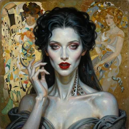 masterpiece painting of beautiful vampire girl by donato giancola, darius zawadzki and tom bagshaw, face by artgerm and edmund leighton, alphonse mucha, background by james jean and gustav klimt, 8 k, biomechanical horror, majestic, volumetric lighting, porcelain skin, french nouveau, trending on pixiv