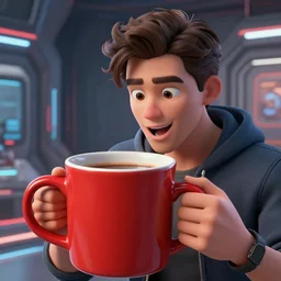 portrait of a red oversize ceramic mug of coffee in a futuristic setting, an excited young handsome italian man looking into the mug, 3 d photorealistic, parts by beksinski, parts by goro fujita, parts by yue minjun, by filip hodas