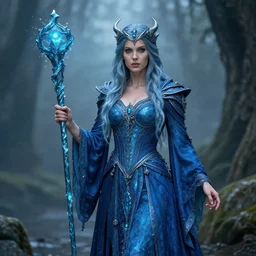 elemental water witch in ornate blue robes and staff, highly detailed, 8 k, hdr, anne stokes