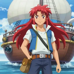 An fantasy pokemon anime style portrait of a long haired, red headed male sky-pirate in front of an airship