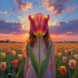 dutch girl with one giant tulip as a face, surreal photography, flower field, sunset dramatic light, impressionist painting, colorful clouds, blue sky, digital painting, artstation, simon stalenhag