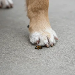 dog stepping on a dead bee on the concrete ground, close up, macro, dslr photography