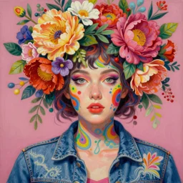 hyper detailed masterpiece, floral pattern, jean giraud, vibrant, digital art painting, matte painting, beautiful, floral headpiece, psychedelic, artgerm, donato giancola, tom bagshaw