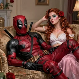 Deadpool posing like rose from titanic, Deadpool live action costume, paint me like one of your French girls, Ryan Reynolds dead pool, laying on a sofa, romantic, mood lighting, realistic 4k, photo real