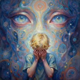 painful abstract forms by android jones, powerful eyes glowing highly detailed painting of deep sadness alone, very young blonde boy spiritual abstract forms, expressive emotional sadness, symmetrical, trending on art station, abstract in emotional sadness expression, very very very beautiful, fantasy digital art, highly detailed patterned visionary art, magic symbols