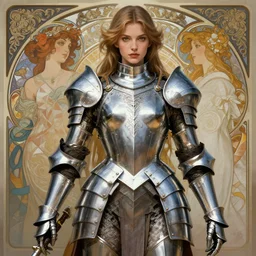 photography girl warrior armour, chrome, deep focus, intricate, elegant, highly detailed, digital painting, artstation, concept art, matte, sharp focus, illustration, art by artgerm and greg rutkowski and alphonse mucha and gil elvgren