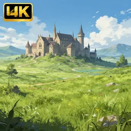 medieval fantasy meadow landscape, digital art, trending on artstation, anime style, 4k, hd